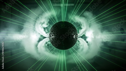 Fototapeta Naklejka Na Ścianę i Meble -  Futuristic Laser Sphere with Smoke Effects Green Sci-Fi Abstract. Concept featuring laser, sphere, smoke, green, futuristic.