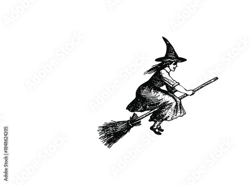 Black and white vintage witch illustration flying on a broomstick vintage style retro vector art