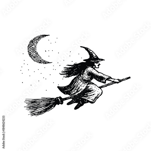 Black and white vintage witch illustration flying on a broomstick vintage style retro vector art