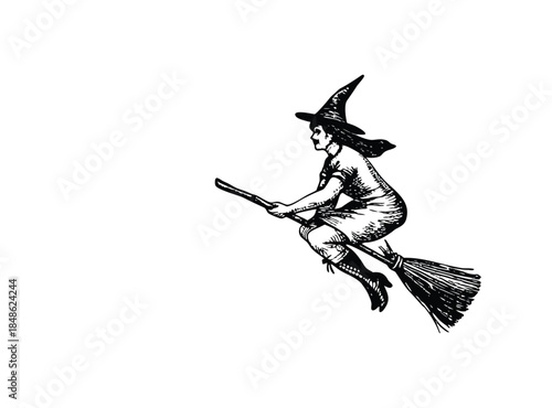 Black and white vintage witch illustration flying on a broomstick vintage style retro vector art