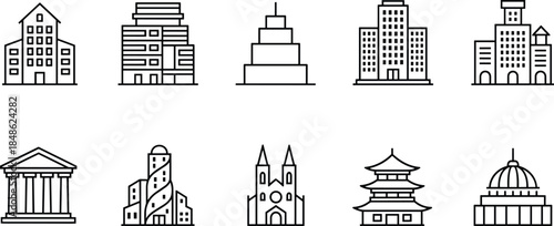 Architectural icons, building styles, cultural structures, historical landmarks, modern design, global architecture, line art, minimalist illustration, vector buildings, educational graphic