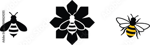 Bee silhouette, floral bee design, realistic bee illustration, insect art, pollinator graphics, nature icons, honeybee symbols, vector bee styles