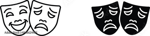 Drama masks, theater symbols, comedy tragedy, emotional expression, performing arts, stage icons, black white contrast, classic drama, theatrical emotion, symbolic faces