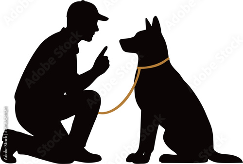 Silhouette of a man with his dog outdoor bond between man and pet, emotional animal friendship vector illustration.