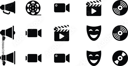 Film, video, entertainment, icons, black, silhouette, grid, media, production, theater, music, sound, drama, editing, camera, reel, clapperboard, mask, vinyl, announcement