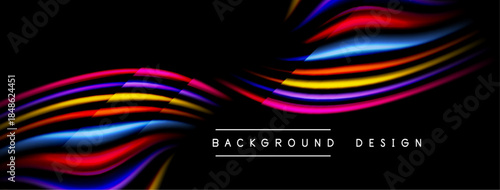 Abstract vibrant lines flow across black space. Colors blend, creating dynamic visual effect. Modern design element.