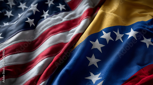 us flag and venezuelan flag waving together. relations between usa and venezuela. trade partner cooperation investments partnership agreements