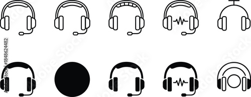 Headset icons, microphone symbols, audio communication, customer service, gaming gear, tech support, UI design, vector graphics, black blue styles