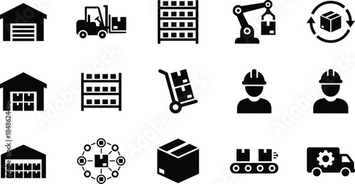 Logistics, warehouse, forklift, supply chain, inventory, automation, delivery, packaging, distribution, storage, transport, cargo, shipping, logistics icons, warehouse icons
