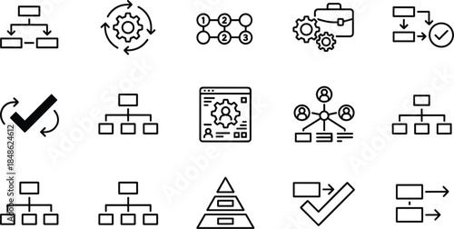 workflow, process, management, system, operations, organizational, structure, business, hierarchy, icons, optimization, planning, strategy, team, collaboration, engineering, interface