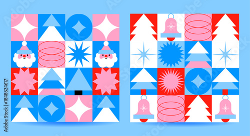 Set of New Year and Christmas festive geometric seamless pattern, wrapping and gift paper