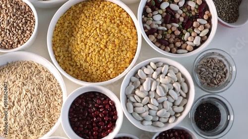 Different types of grains and cereals . View from above