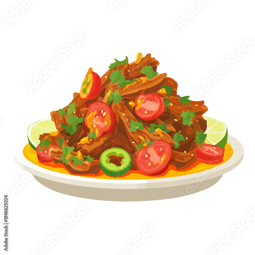 2D flat vector graphic of a Ropa Vieja in icon style, isolated on white background