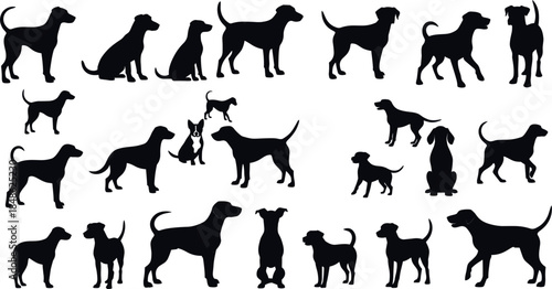 Dog silhouette vector set featuring playful, standing, sitting, and walking canine poses isolated on white background for pet, animal, and graphic design projects