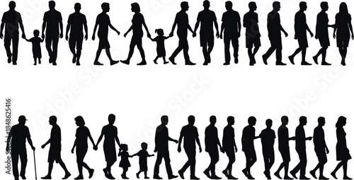 Family walking silhouette vector set showing parents holding hands with children in everyday poses isolated on white background for lifestyle, community, and urban design