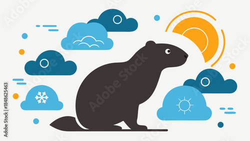 Groundhog silhouette with sun and clouds representing Groundhog Day weather prediction