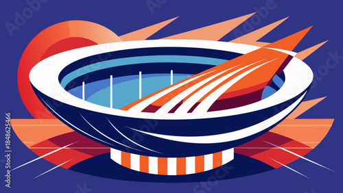 Futuristic stadium illustration with dynamic shapes and bold colors representing a Super Bowl event