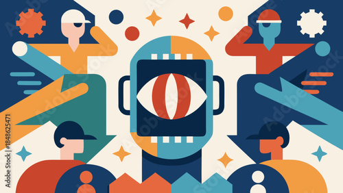 Abstract illustration of Super Bowl with stylized players, football helmet, and dynamic geometric elements