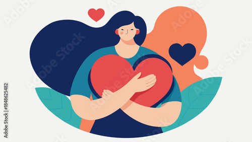 Woman holding a heart symbol with abstract shapes celebrating International Women’s Day