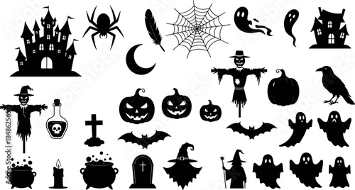 Halloween silhouette vector mega set featuring spooky icons like haunted house, witches, pumpkins, ghosts, bats, spiders, and graveyard elements isolated on white background