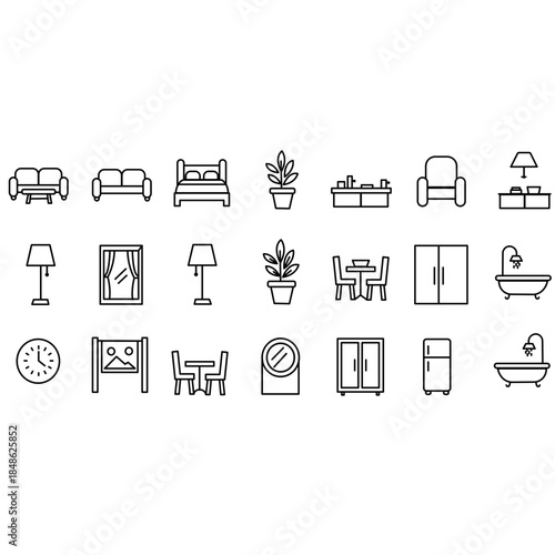 Home Furniture and Interior Line Icons Set – Bed, Sofa, Chair, Table, Lamp Vector Icons