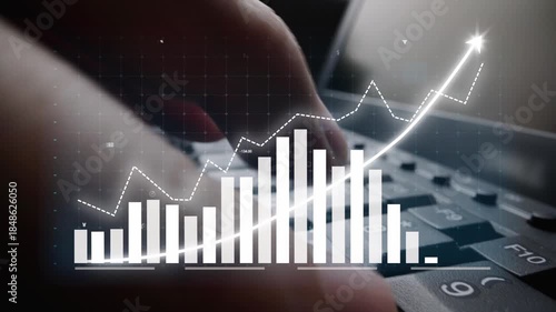 A close-up view of hands on a keyboard illustrates data analytics and financial growth. The overlay graph highlights upward trends for business strategy success. Copula