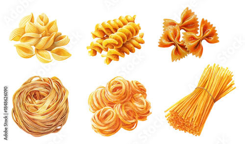 Italian pasta collection with spaghetti, farfalle, rigatoni and fettuccine. Watercolor illustration of different pasta shapes for Mediterranean cuisine menu design.