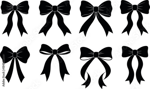 Decorative ribbon bow silhouette vector set featuring elegant tied bows for gift wrapping, decoration, and festive design isolated on white background
