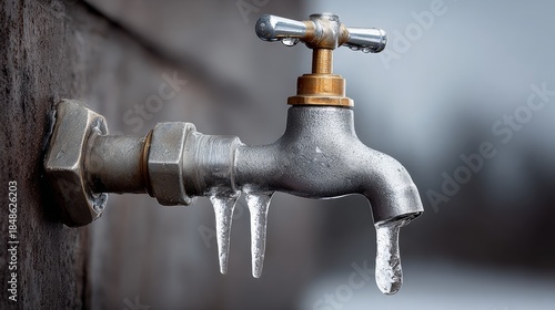 A faucet with ice on it. The water is dripping from the faucet. Concept of coldness and discomfort