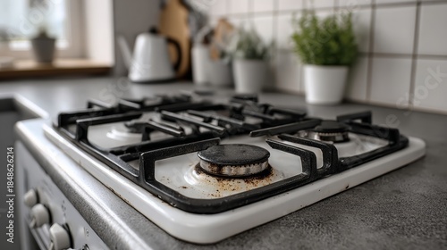 A stove top with four burners, two of which are white and two of which are black. The black burners are on the left and right sides of the stove top, while the white burners are in the middle
