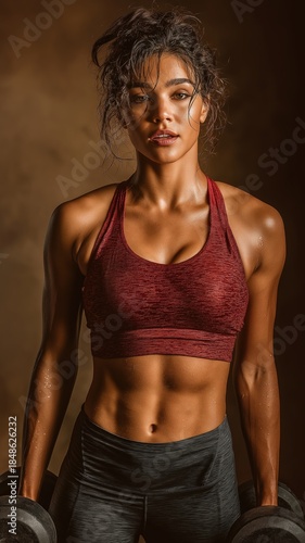 Athletic woman in sportswear holding dumbbells during a workout in sunlight showing toned abs and strong arms in a fitness studio