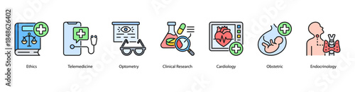 Modern Medical Practice web banner illustration featuring Ethics, Telemedicine, Optometry, Clinical Research, Cardiology, Obstetric, and Endocrinology.