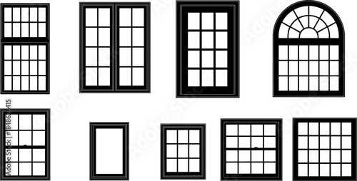 Architectural window frame vector set featuring classic and modern window designs in outline style isolated on white background for building, facade, and interior design
