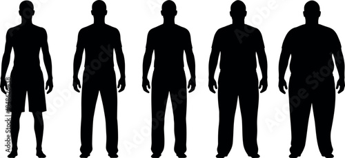 Male body silhouette vector set showing different body types and physiques standing front view isolated on white background for fitness, anatomy, and character design