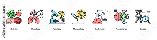 Biomedical Fields web banner illustration featuring Dietetics, Physiology, Pathology, Microbiology, Biochemistry, Neuroscience, and Genetic.