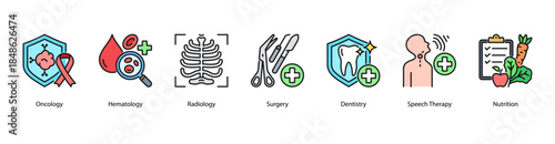 Clinical Treatment and Diagnosis web banner illustration featuring Oncology, Hematology, Radiology, Surgery, Dentistry, Speech Therapy, and Nutrition.