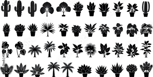 Potted plant and cactus silhouette vector mega set featuring indoor, tropical, and desert plants in decorative pots isolated on white background for botanical and interior design