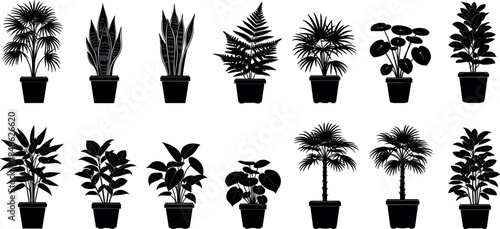 Potted plant silhouette vector set featuring tropical and indoor houseplants in decorative pots isolated on white background for home decor and botanical design