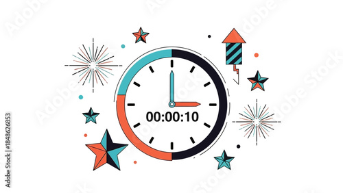 Clock illustration with fireworks and stars for celebratory event or countdown