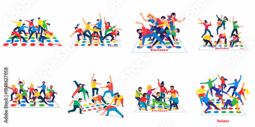 Dynamic group illustrations of people playing the Twister game, showing complex, fun, and tangled poses during social gatherings or parties.
