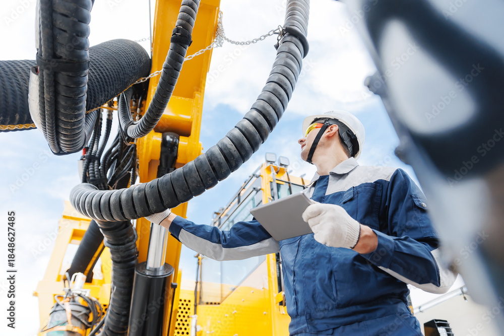 © Parilov - Mechanic inspecting hydraulic hoses of industrial geological drilling machine, mining equipment in garage service
