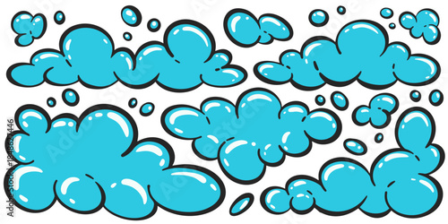 Blue soap foam with bubbles. Bath suds vector illustration isolated on white background. Abstract funky playful design elements. Colorful shampoo clouds