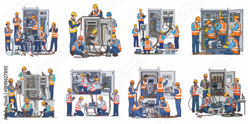 Eight scenes of skilled engineers and technicians performing complex wiring, testing, and maintenance on industrial electrical control panels and telecommunications infrastructure.