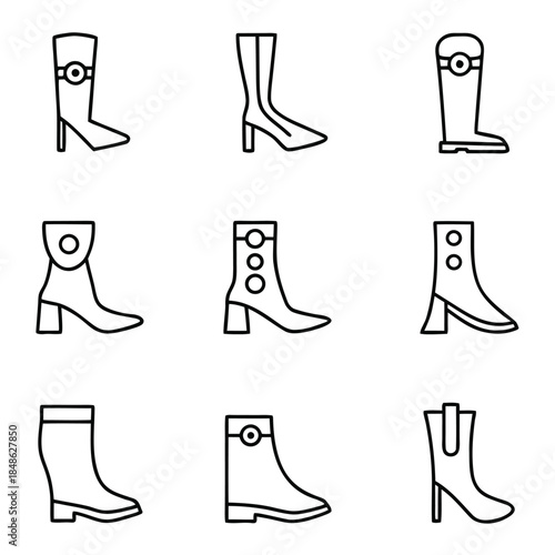 A collection of nine different boot illustrations arranged in a grid.