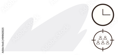 Clock indicating time management next to a target icon with a group symbolizing goal-setting, collaboration, and focus. Ideal for productivity, deadlines, planning, precision, teamwork, efficiency