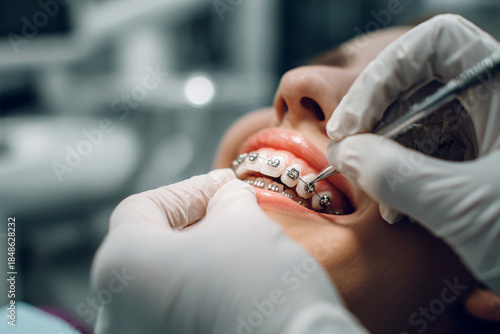 person's smile with metallic dental braces installed on the teeth.