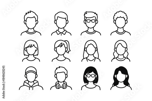 Young men and women avatars icon set.Editable line icons. on white vector illustration.