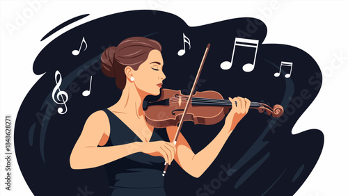 A woman in a black dress plays the violin with musical notes floating around her.