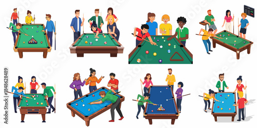 Friends playing pool game set. People having fun together, enjoying competitive billiards or snooker in bars and leisure clubs.