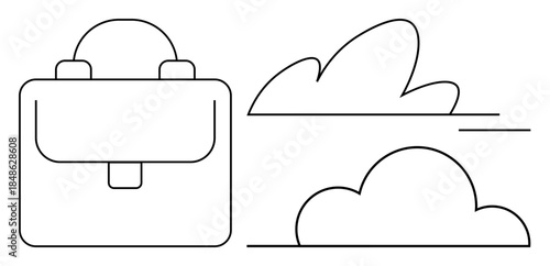Business solutions, technology, digital storage, cloud computing, data management, corporate tools. Outline of a briefcase and two clouds. Business solutions and technology concept